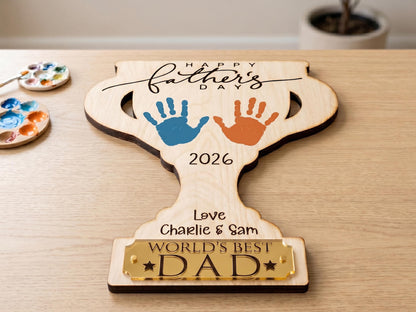 Dad Gift from Kids, Hands Down Best Dad Ever Sign, Personalized Father's Day Handprint Trophy, Kids Keepsake Wood Sign for Daddy Grandpa