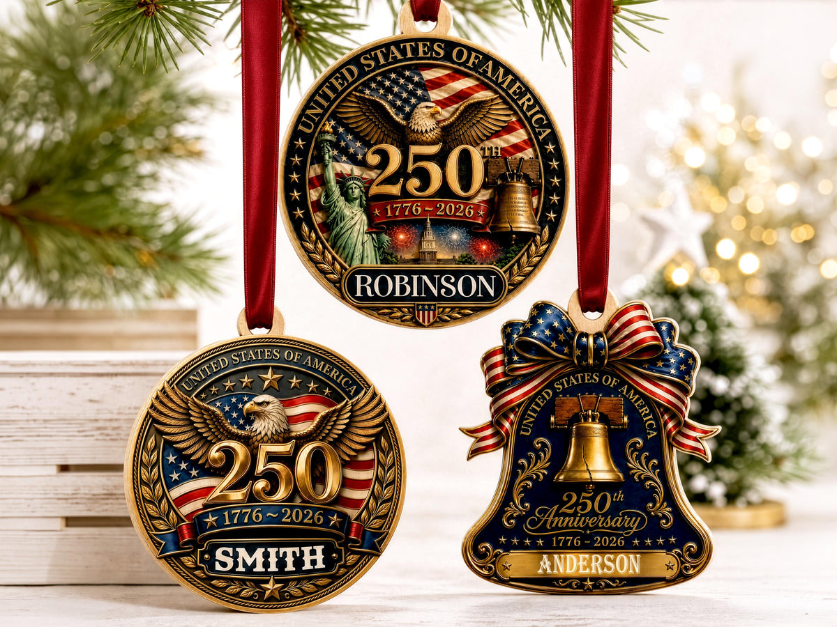 Personalized America 250th Anniversary Ornament Gift, Custom 4th of July American Flag Gift for Him, Wood USA Flag Memorial Patriotic Gift