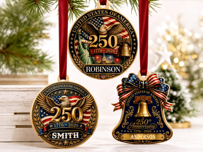 Personalized America 250th Anniversary Ornament Gift, Custom 4th of July American Flag Gift for Him, Wood USA Flag Memorial Patriotic Gift