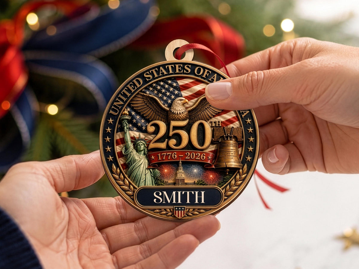 Personalized America 250th Anniversary Ornament Gift, Custom 4th of July American Flag Gift for Him, Wood USA Flag Memorial Patriotic Gift