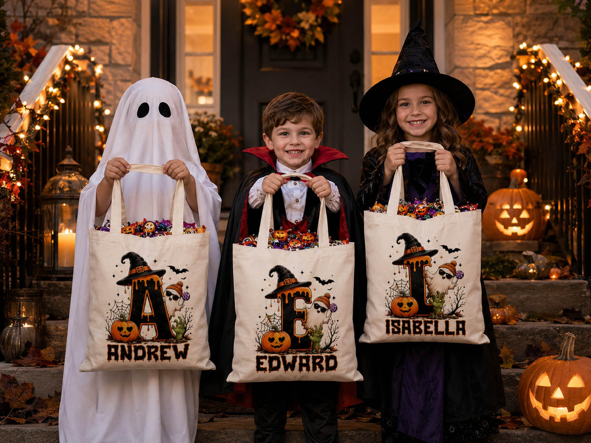 Cute Halloween Ghost bag, Spooky Goodie Bag, Custom Name Halloween Tote Bag, Trick or Treat Candy Bag, Personalized Halloween Kids Treat Bag