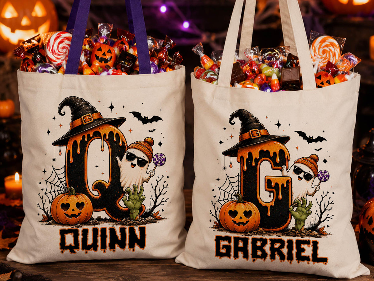 Cute Halloween Ghost bag, Spooky Goodie Bag, Custom Name Halloween Tote Bag, Trick or Treat Candy Bag, Personalized Halloween Kids Treat Bag