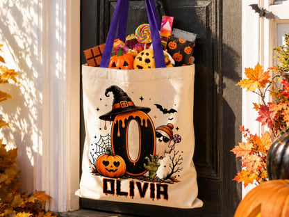 Cute Halloween Ghost bag, Spooky Goodie Bag, Custom Name Halloween Tote Bag, Trick or Treat Candy Bag, Personalized Halloween Kids Treat Bag