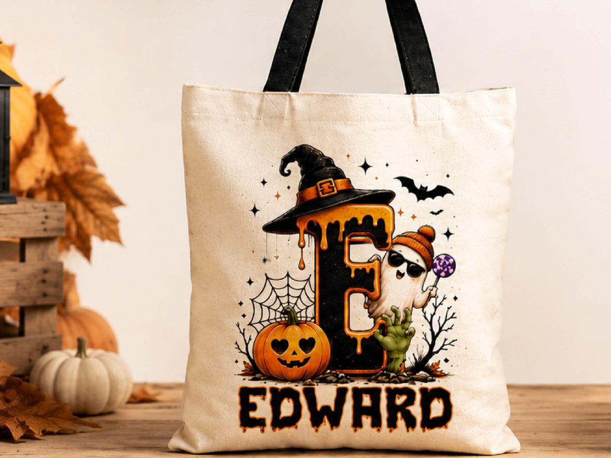 Cute Halloween Ghost bag, Spooky Goodie Bag, Custom Name Halloween Tote Bag, Trick or Treat Candy Bag, Personalized Halloween Kids Treat Bag