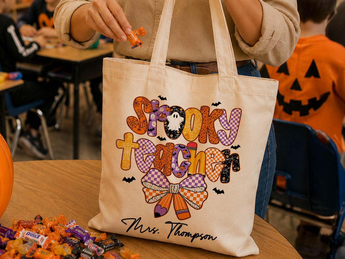Personalized Teacher Halloween Tote Bag, Custom Teacher Appreciation Halloween Gift, Trick or Teach Teacher Bag, Spooky Season Teacher Gift