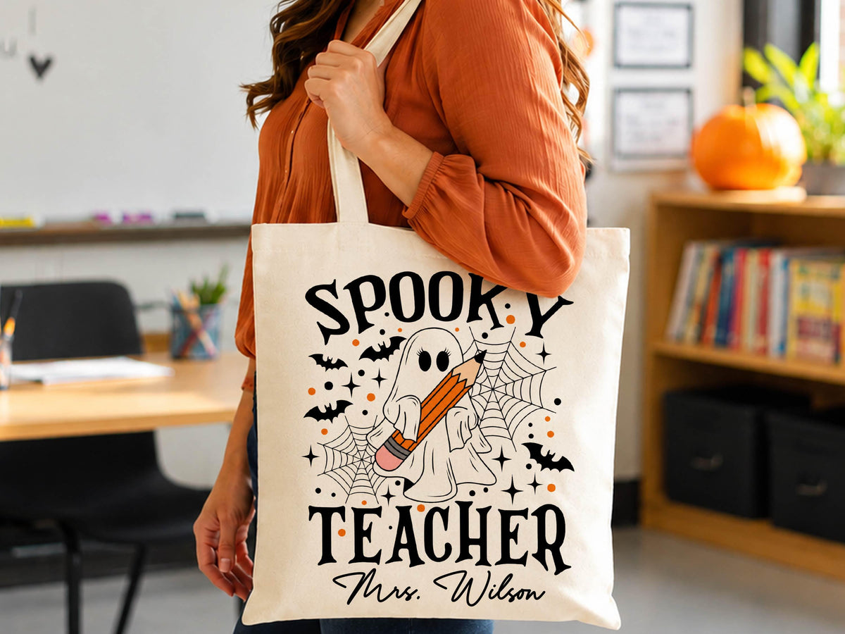 Personalized Teacher Halloween Tote Bag, Custom Teacher Appreciation Halloween Gift, Trick or Teach Teacher Bag, Spooky Season Teacher Gift