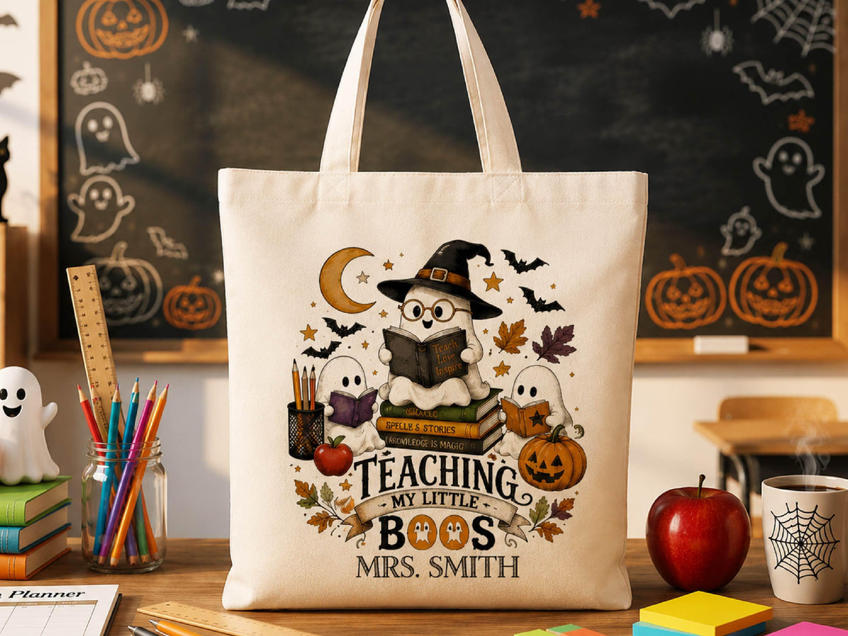 Personalized Teacher Halloween Tote Bag, Custom Teacher Appreciation Halloween Gift, Trick or Teach Teacher Bag, Spooky Season Teacher Gift