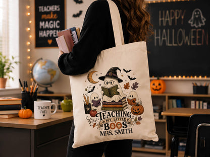 Personalized Teacher Halloween Tote Bag, Custom Teacher Appreciation Halloween Gift, Trick or Teach Teacher Bag, Spooky Season Teacher Gift