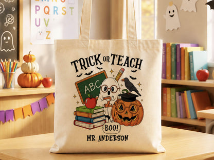 Personalized Teacher Halloween Tote Bag, Custom Teacher Appreciation Halloween Gift, Trick or Teach Teacher Bag, Spooky Season Teacher Gift