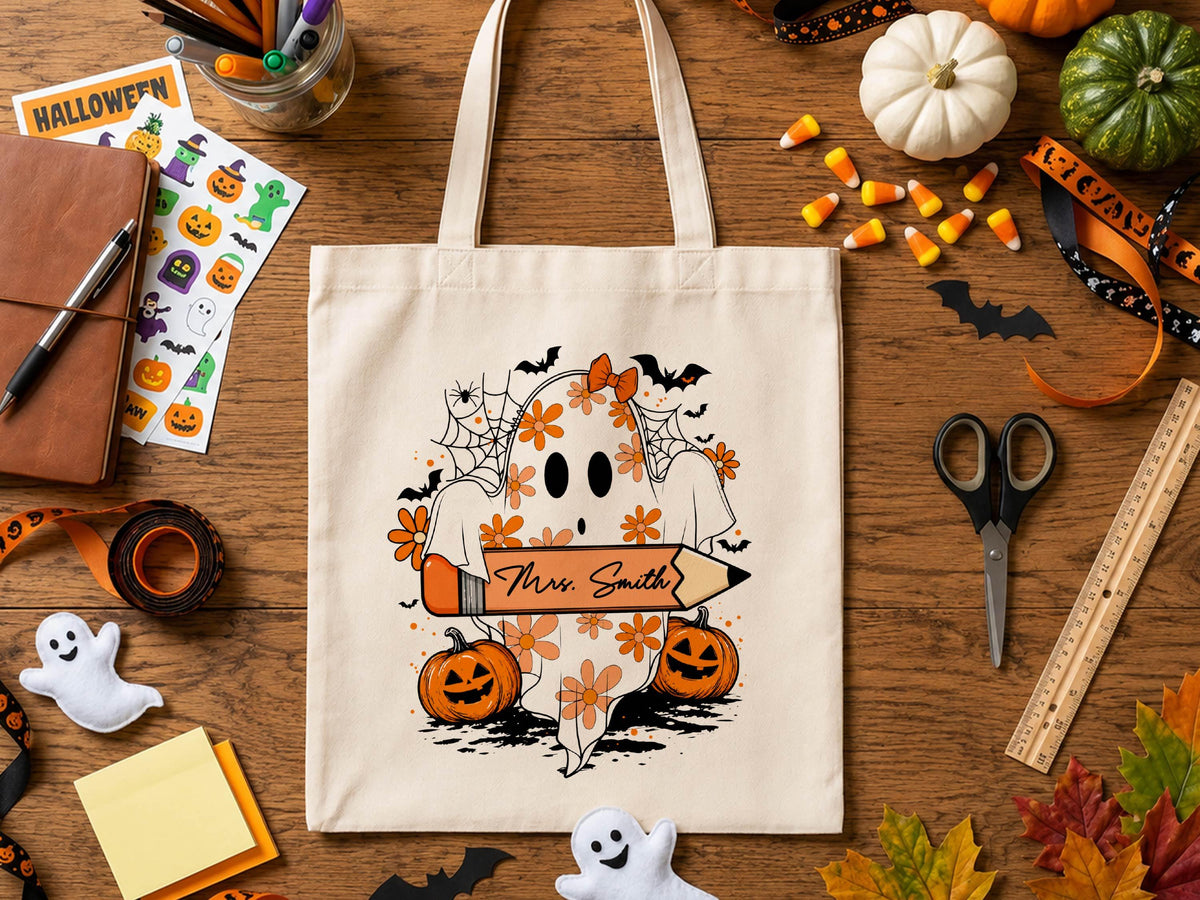Personalized Teacher Halloween Tote Bag, Custom Teacher Appreciation Halloween Gift, Trick or Teach Teacher Bag, Spooky Season Teacher Gift