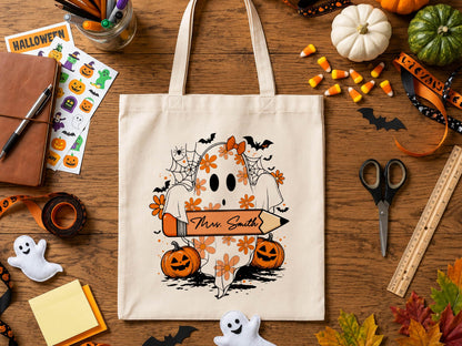 Personalized Teacher Halloween Tote Bag, Custom Teacher Appreciation Halloween Gift, Trick or Teach Teacher Bag, Spooky Season Teacher Gift