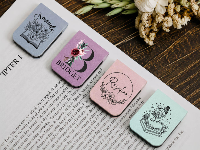 Personalized Magnetic Leather Bookmark, Custom Name Floral Book Lover Gift, Teacher Appreciation Gift, Reading Accessory, Book Club