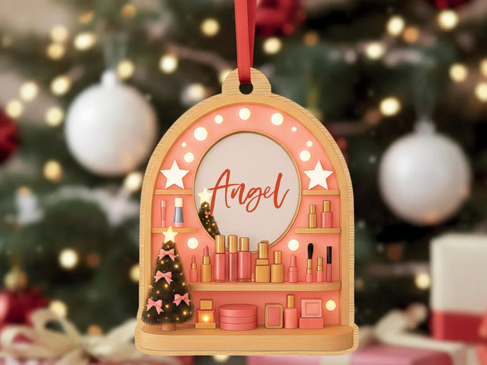 Personalized Makeup Ornament, Christmas Keepsake for Makeup Artist Gift, Acrylic Cosmetic Ornament, Beauty Salon Pink Christmas Gift for Her
