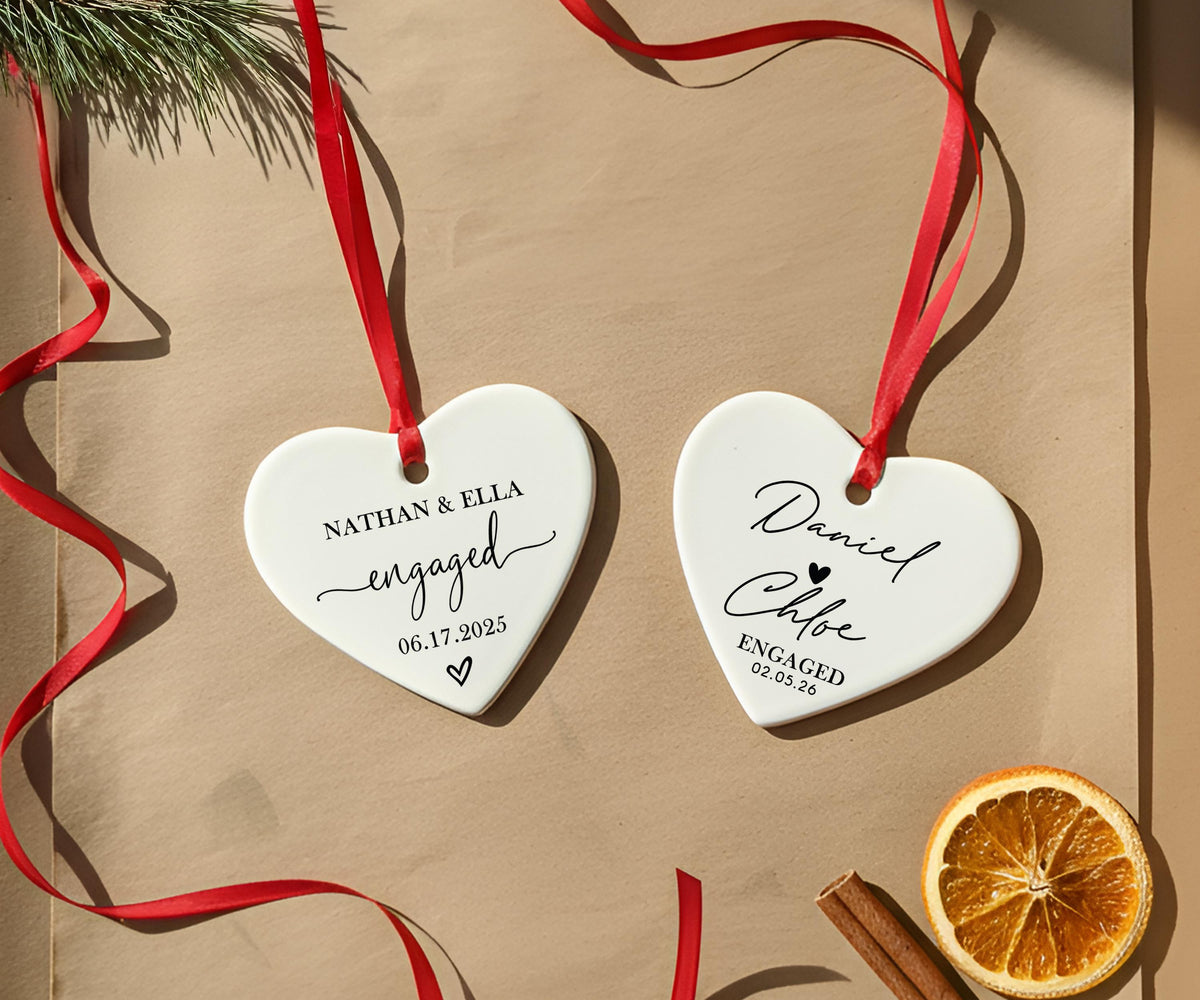 Custom Ceramic Engaged Ornament For Newlyweds, Wedding Gift, Custom Engagement Gift, Gift for Engaged Couples, Cute Christmas Heart Ornament