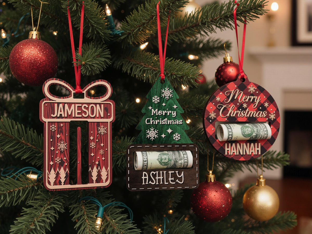 Personalized Christmas Money Holder Ornament, Here's A Few Bucks for Xmas, Custom Wooden Christmas Ornament, Gift for Kids, Stocking Stuffer