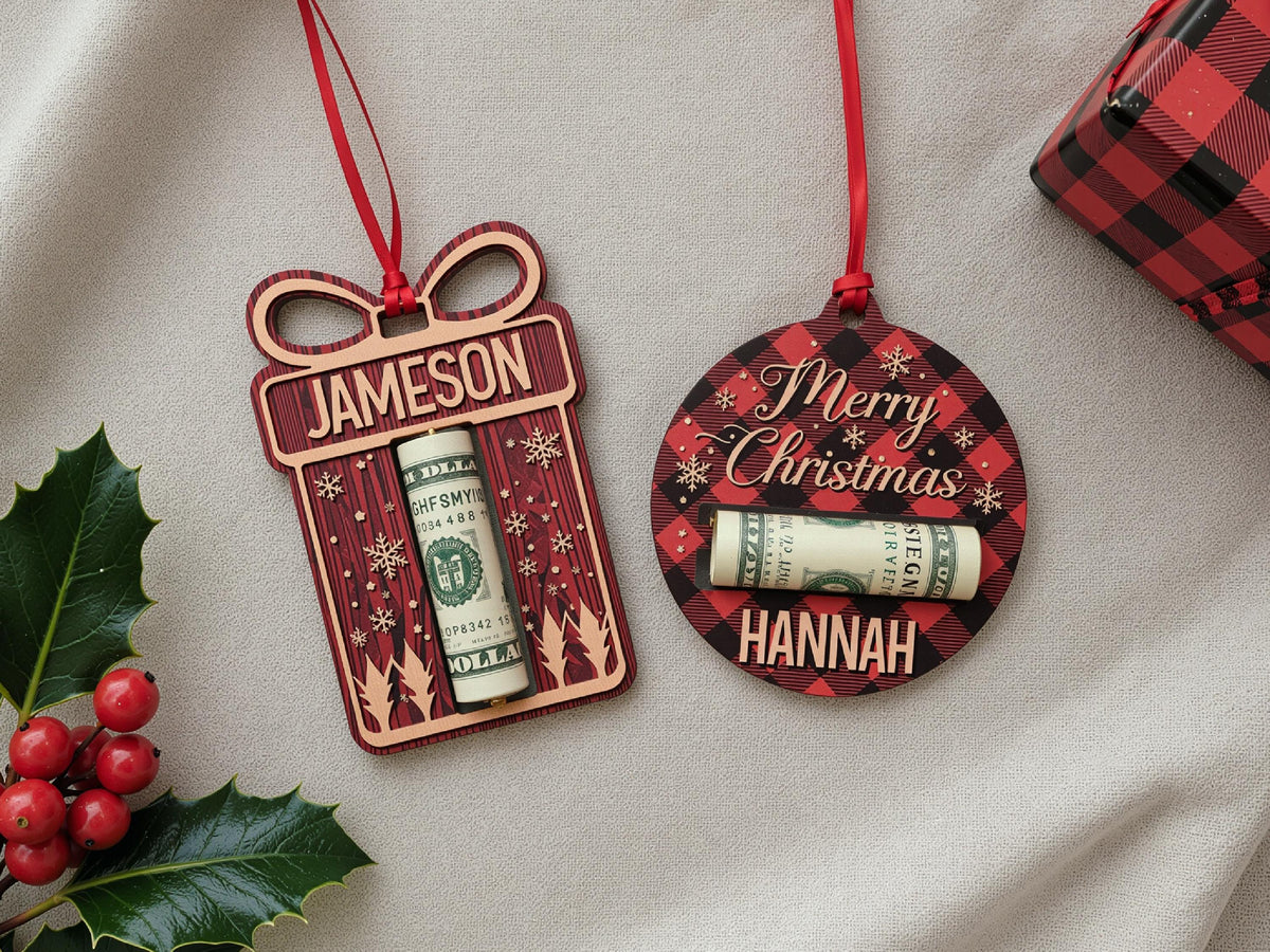 Personalized Christmas Money Holder Ornament, Here's A Few Bucks for Xmas, Custom Wooden Christmas Ornament, Gift for Kids, Stocking Stuffer