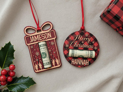 Personalized Christmas Money Holder Ornament, Here's A Few Bucks for Xmas, Custom Wooden Christmas Ornament, Gift for Kids, Stocking Stuffer
