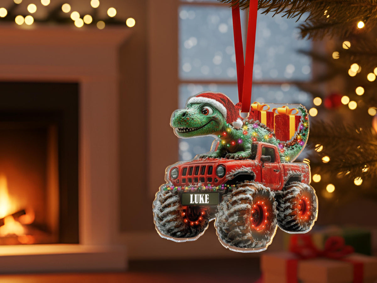 Custom Dinosaur Christmas Ornament, Personalized Monster Truck Ornament with Name, Gift for Boys, Kids Christmas Gift, Stocking Stuffer