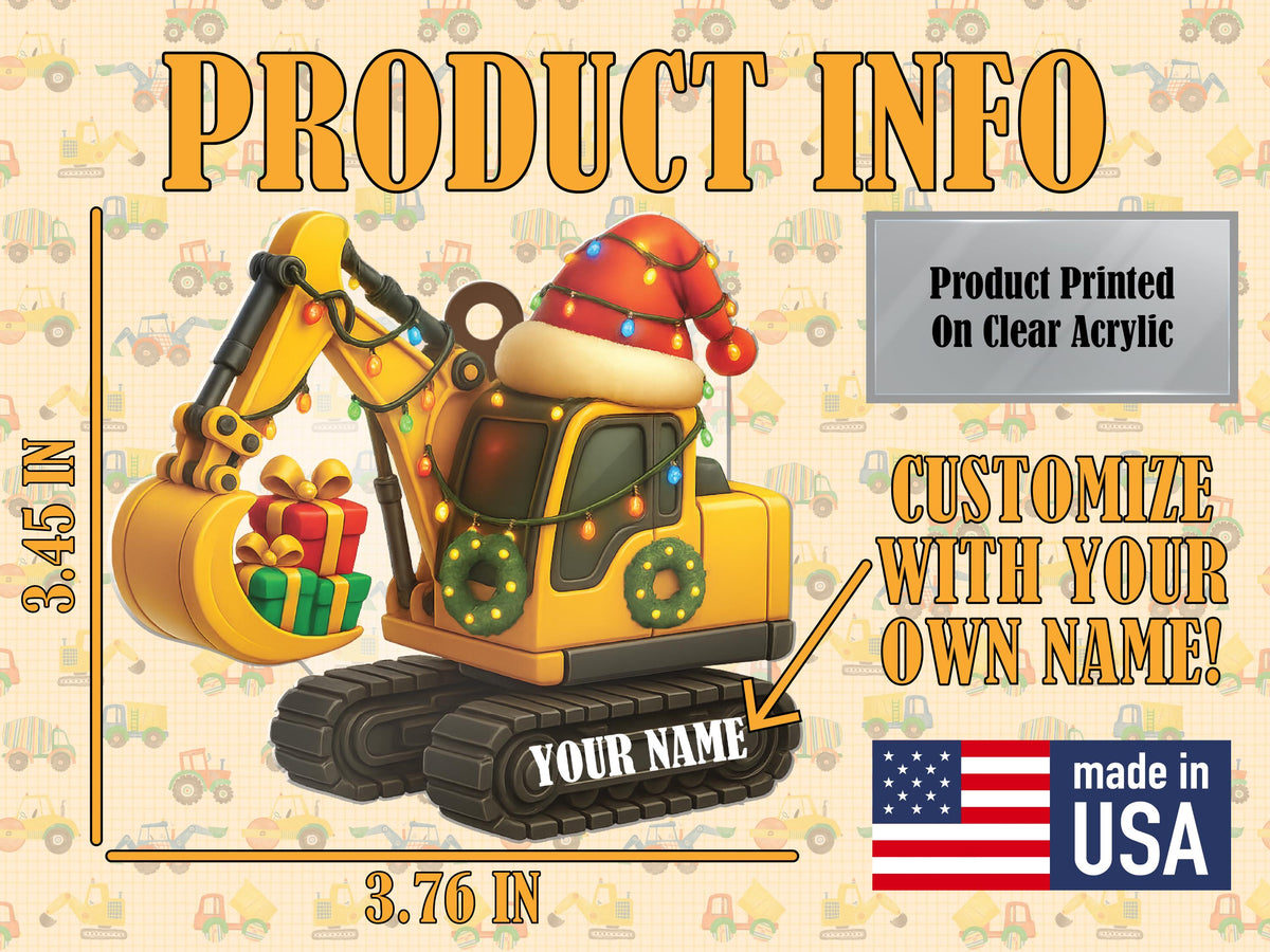 Personalized Excavator Christmas Ornament, Custom Construction Truck Ornament, Construction Vehicle Christmas Gifts for Boys Name Ornament