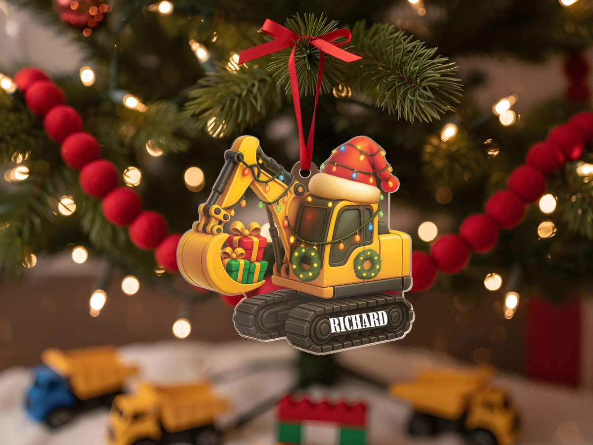 Personalized Excavator Christmas Ornament, Custom Construction Truck Ornament, Construction Vehicle Christmas Gifts for Boys Name Ornament