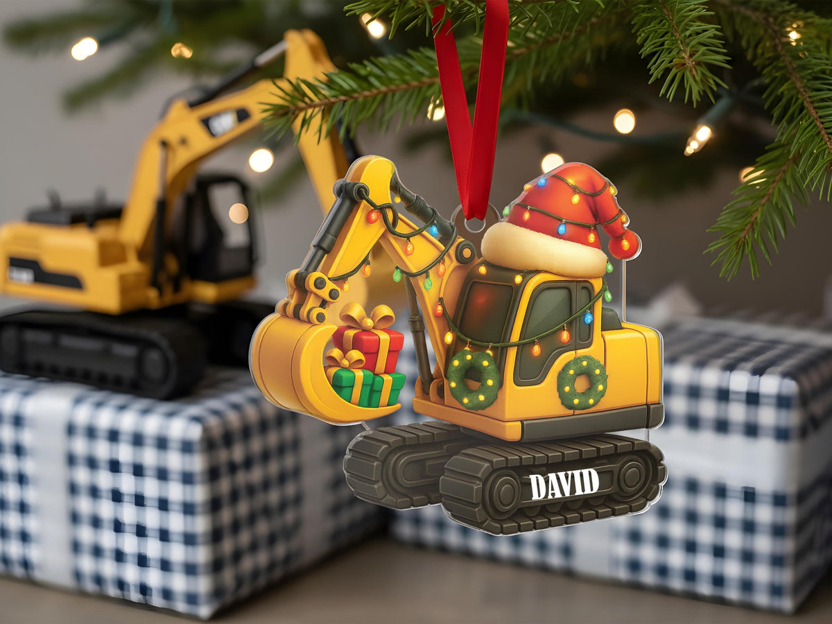 Personalized Excavator Christmas Ornament, Custom Construction Truck Ornament, Construction Vehicle Christmas Gifts for Boys Name Ornament
