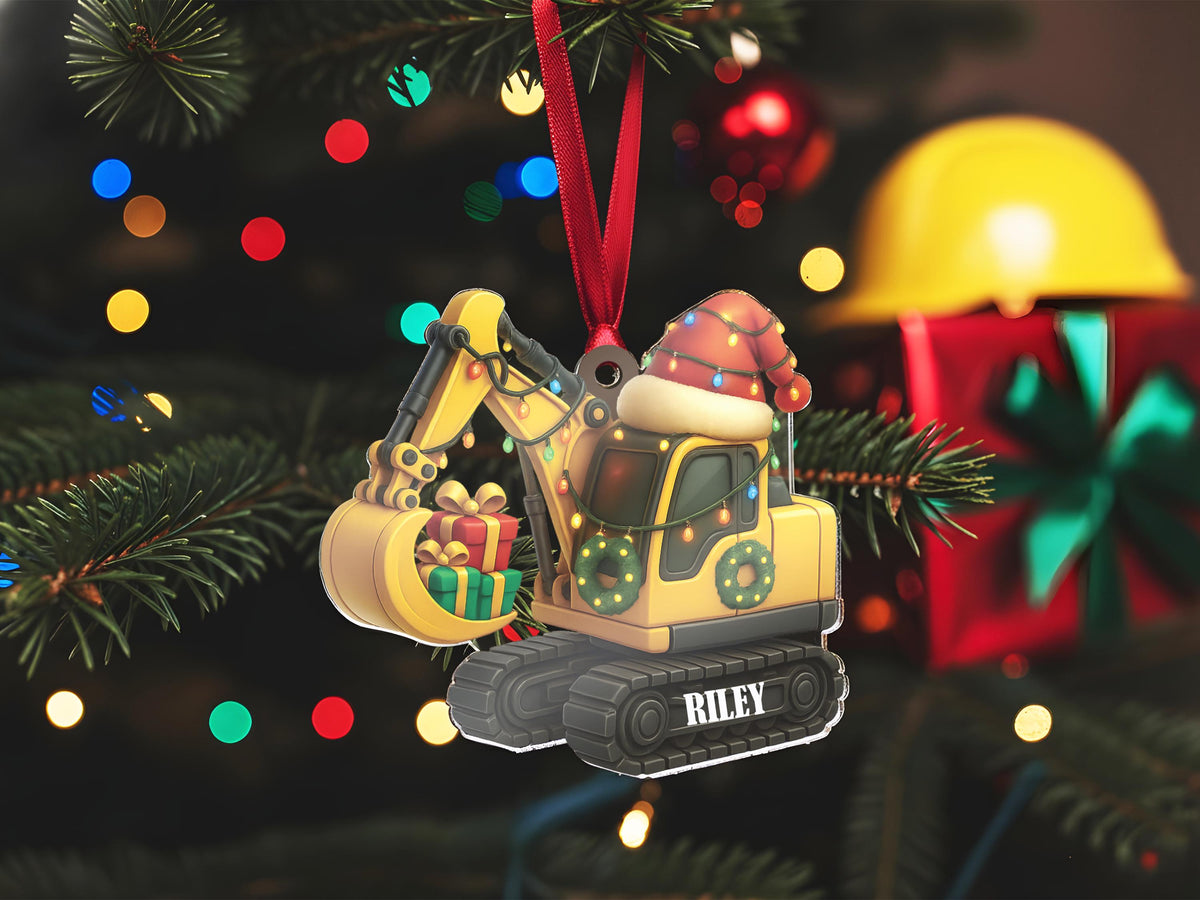 Personalized Excavator Christmas Ornament, Custom Construction Truck Ornament, Construction Vehicle Christmas Gifts for Boys Name Ornament