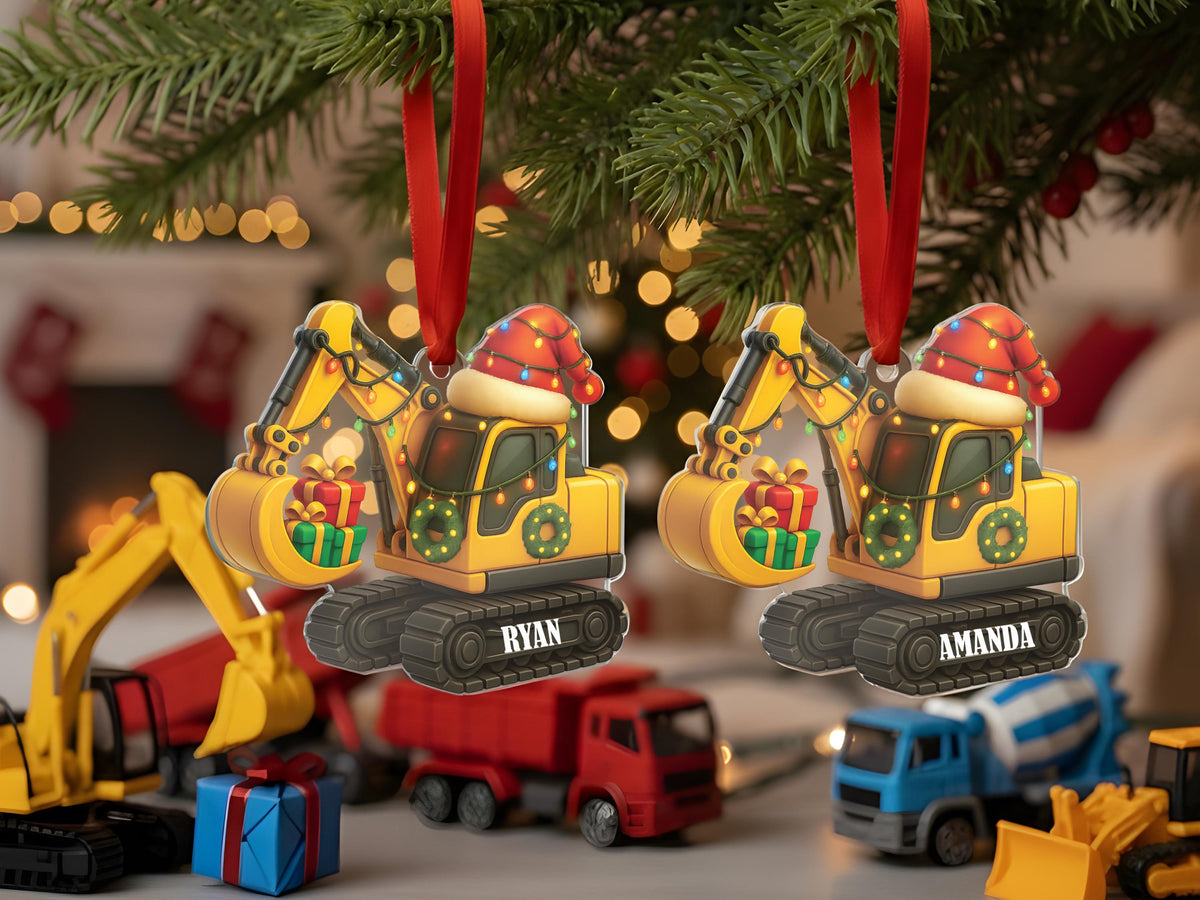 Personalized Excavator Christmas Ornament, Custom Construction Truck Ornament, Construction Vehicle Christmas Gifts for Boys Name Ornament