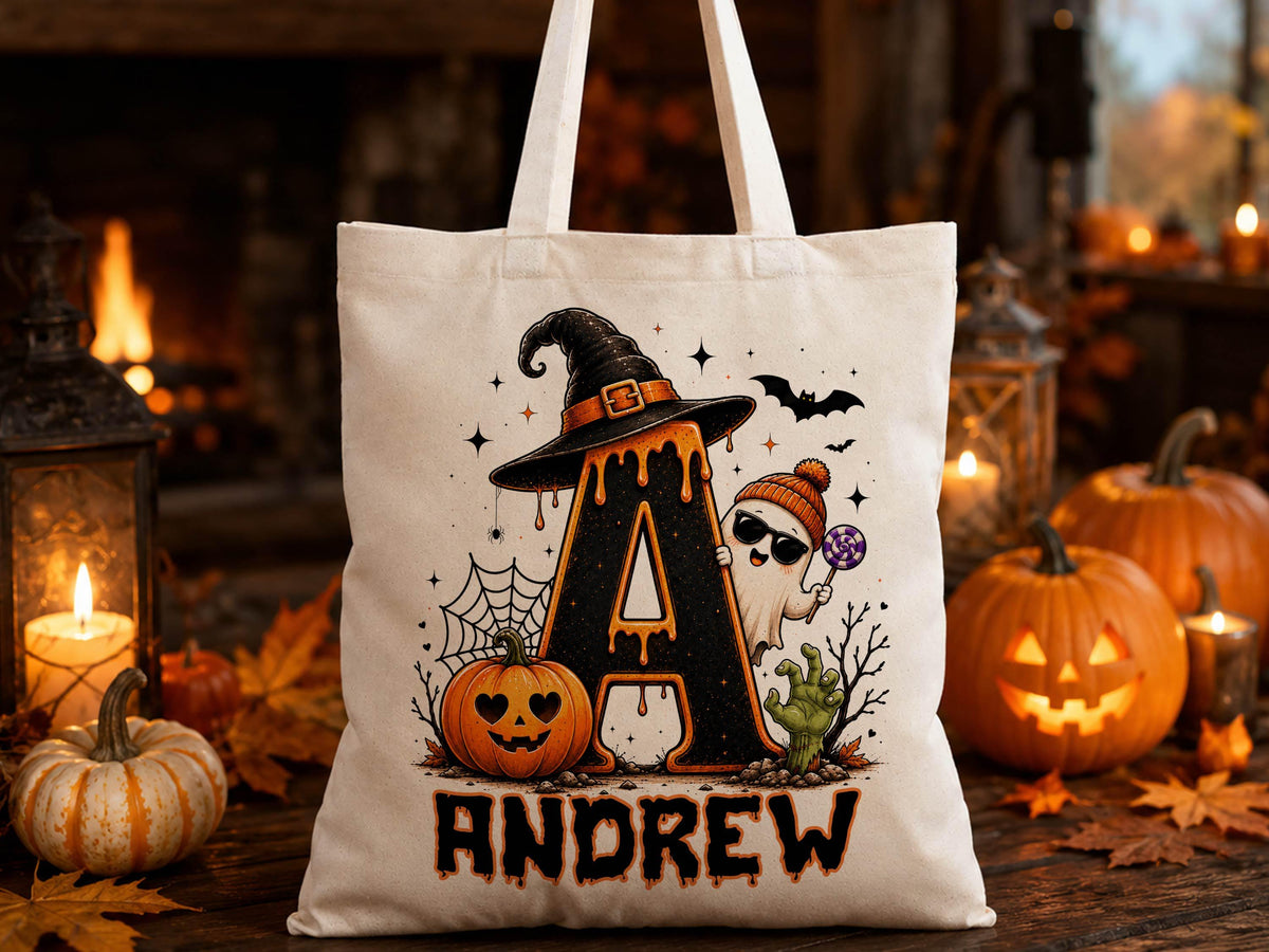 Cute Halloween Ghost bag, Spooky Goodie Bag, Custom Name Halloween Tote Bag, Trick or Treat Candy Bag, Personalized Halloween Kids Treat Bag