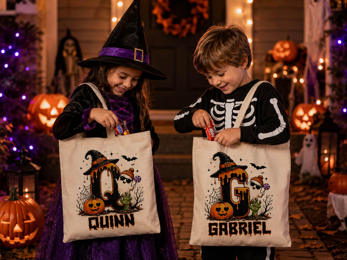Cute Halloween Ghost bag, Spooky Goodie Bag, Custom Name Halloween Tote Bag, Trick or Treat Candy Bag, Personalized Halloween Kids Treat Bag
