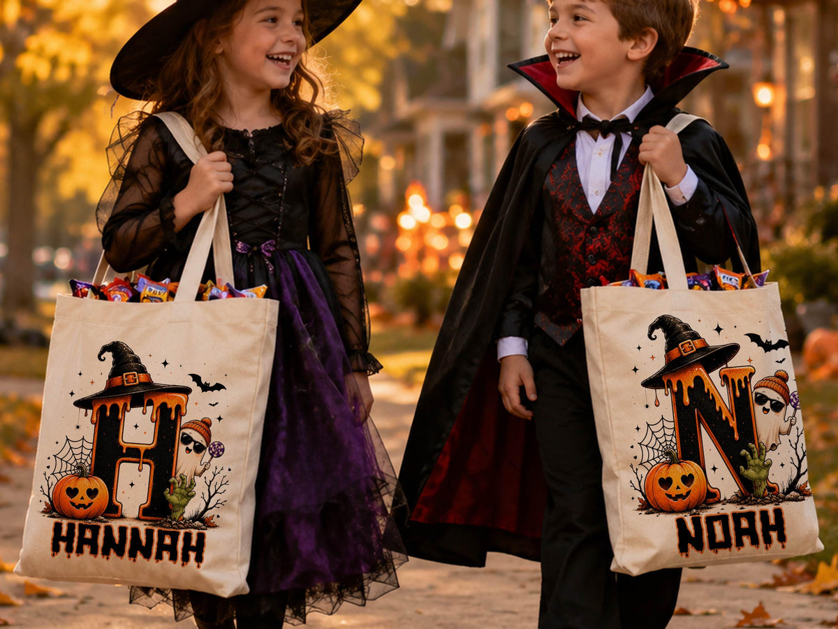 Cute Halloween Ghost bag, Spooky Goodie Bag, Custom Name Halloween Tote Bag, Trick or Treat Candy Bag, Personalized Halloween Kids Treat Bag