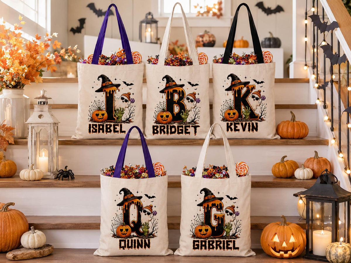 Cute Halloween Ghost bag, Spooky Goodie Bag, Custom Name Halloween Tote Bag, Trick or Treat Candy Bag, Personalized Halloween Kids Treat Bag