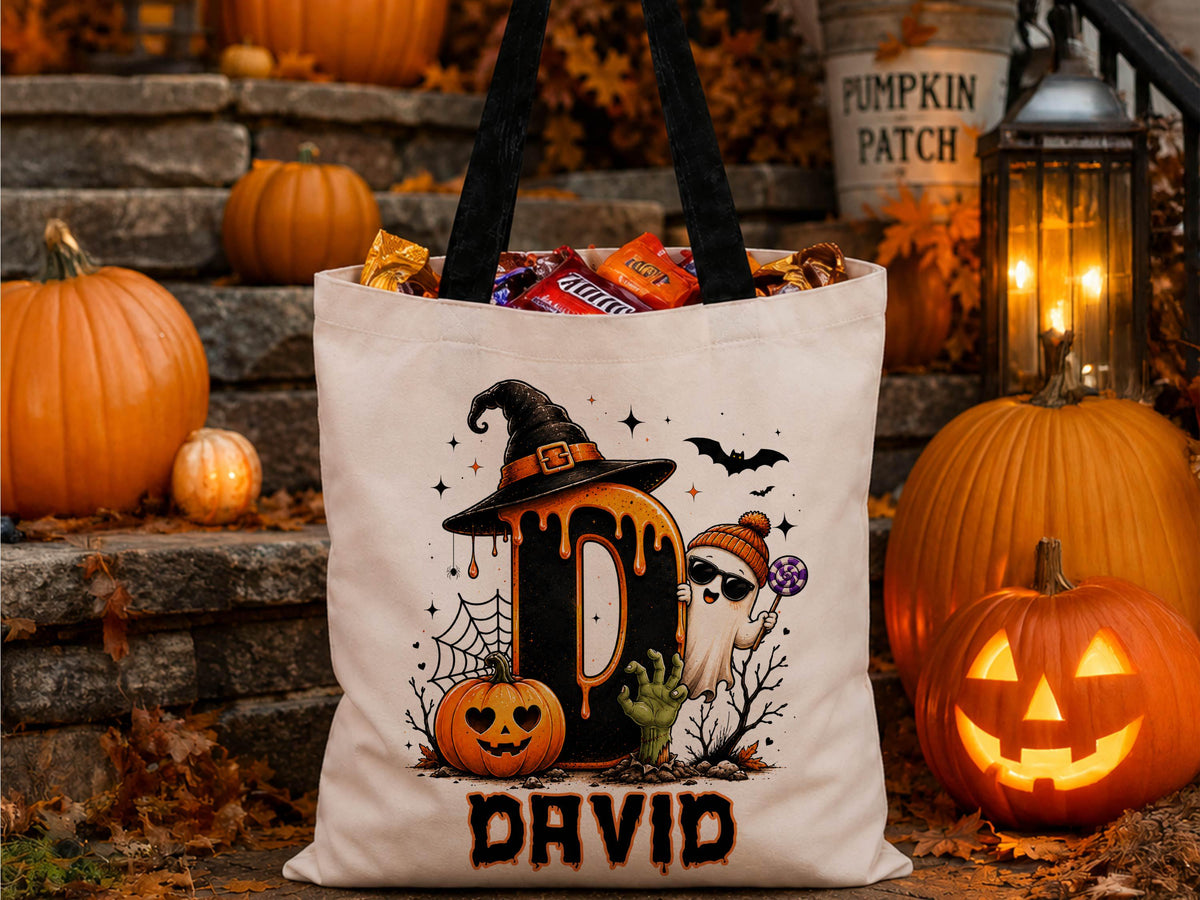 Cute Halloween Ghost bag, Spooky Goodie Bag, Custom Name Halloween Tote Bag, Trick or Treat Candy Bag, Personalized Halloween Kids Treat Bag