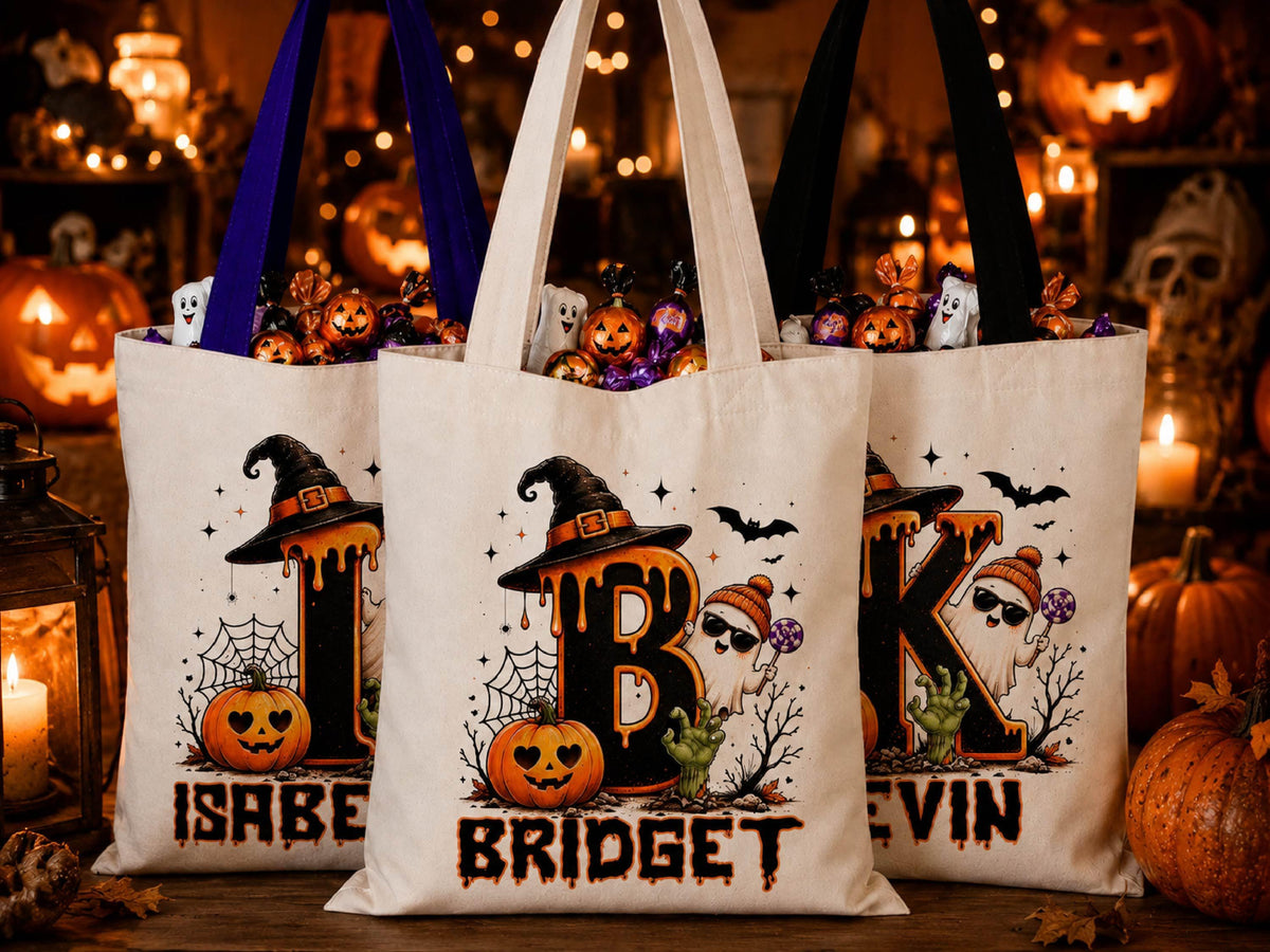 Cute Halloween Ghost bag, Spooky Goodie Bag, Custom Name Halloween Tote Bag, Trick or Treat Candy Bag, Personalized Halloween Kids Treat Bag