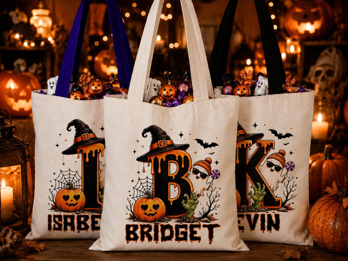Cute Halloween Ghost Bag, Spooky Goodie Bag, Custom Name Halloween Tote Bag, Trick or Treat Candy Bag, Personalized Halloween Kids Treat Bag