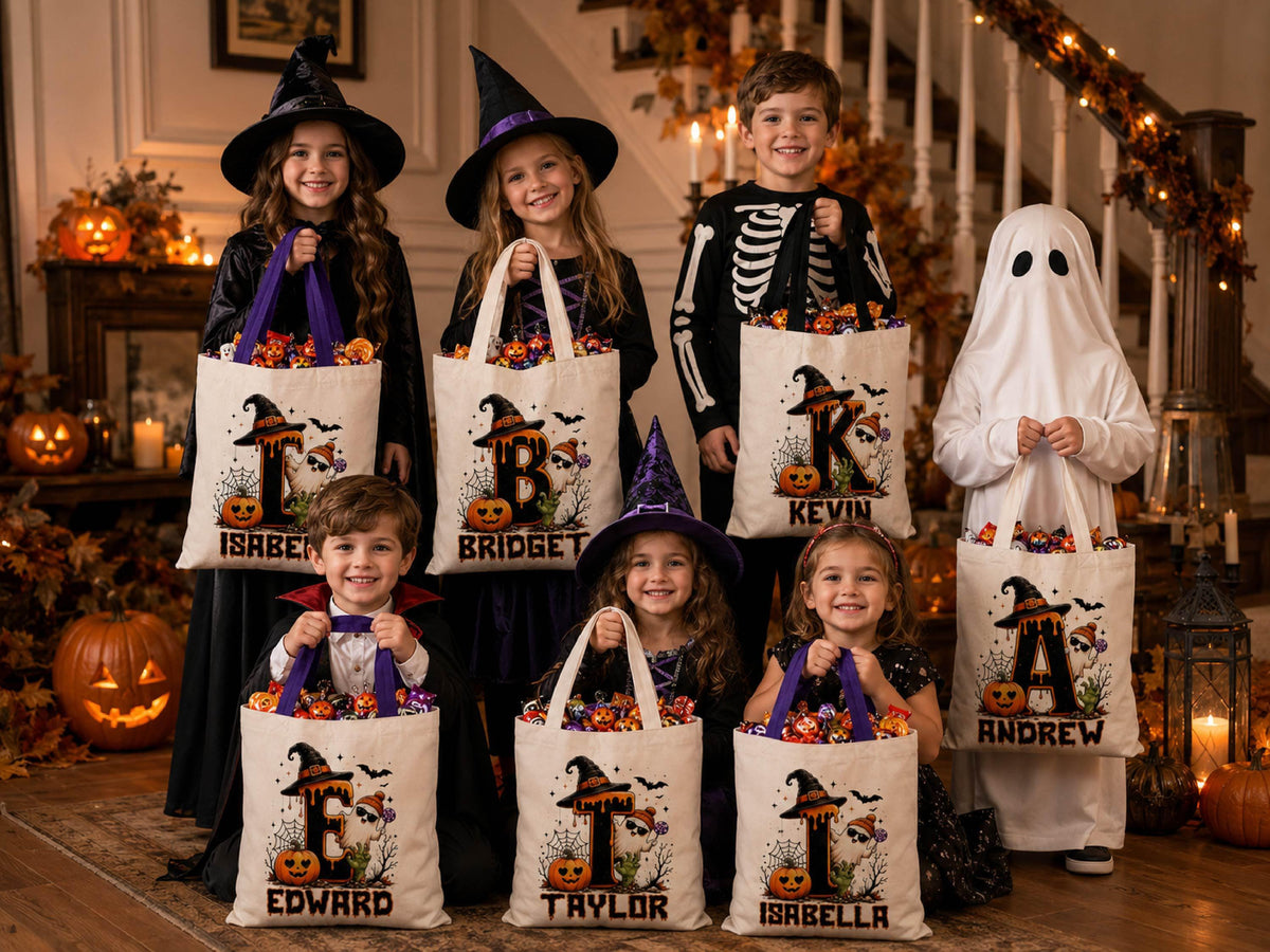Cute Halloween Ghost bag, Spooky Goodie Bag, Custom Name Halloween Tote Bag, Trick or Treat Candy Bag, Personalized Halloween Kids Treat Bag
