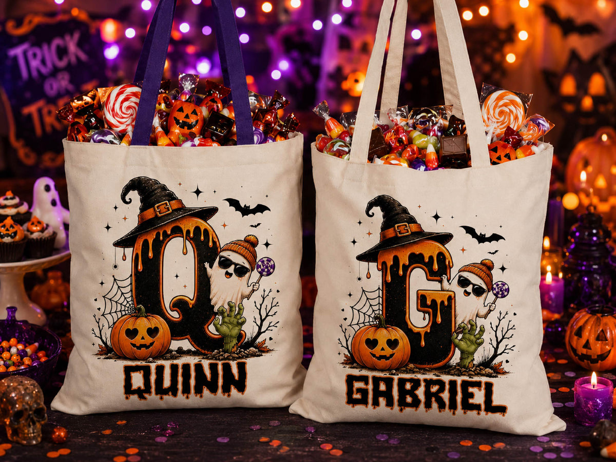 Cute Halloween Ghost bag, Spooky Goodie Bag, Custom Name Halloween Tote Bag, Trick or Treat Candy Bag, Personalized Halloween Kids Treat Bag