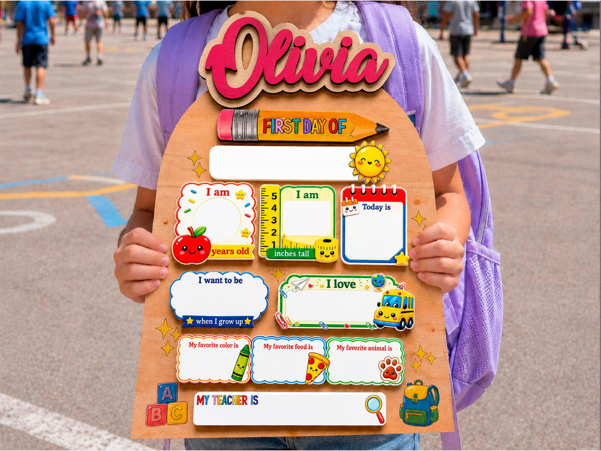 Personalized First Day of School Sign, Reusable Back to School Board, Custom Kids Name School Sign for Kindergarten Preschool Keepsake