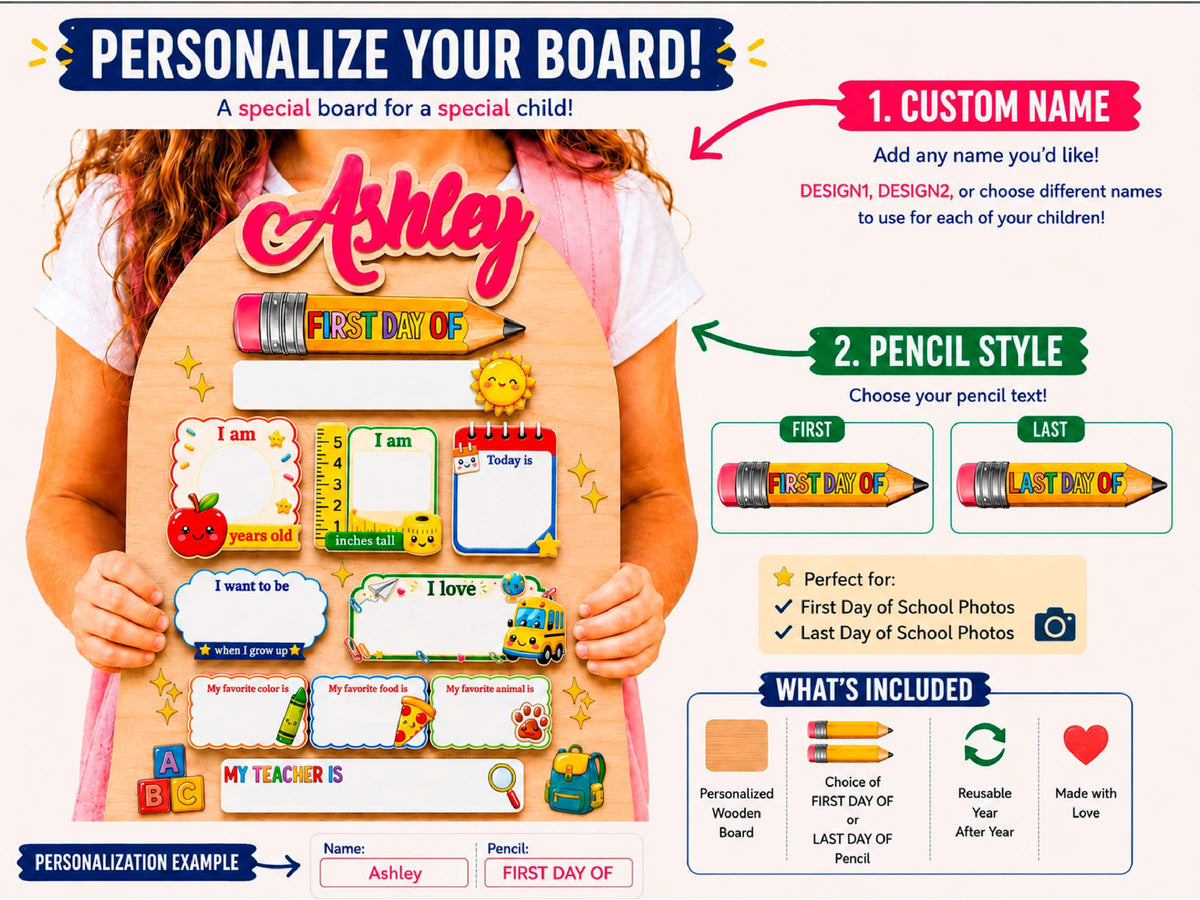 Personalized First Day of School Sign, Reusable Back to School Board, Custom Kids Name School Sign for Kindergarten Preschool Keepsake