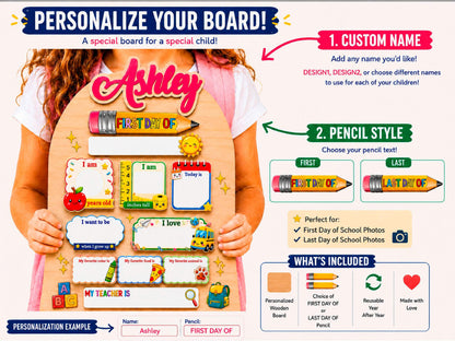 Personalized First Day of School Sign, Reusable Back to School Board, Custom Kids Name School Sign for Kindergarten Preschool Keepsake