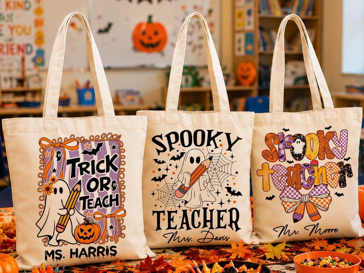 Personalized Teacher Halloween Tote Bag, Custom Teacher Appreciation Halloween Gift, Trick or Teach Teacher Bag, Spooky Season Teacher Gift