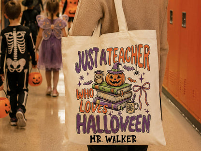 Personalized Teacher Halloween Tote Bag, Custom Teacher Appreciation Halloween Gift, Trick or Teach Teacher Bag, Spooky Season Teacher Gift
