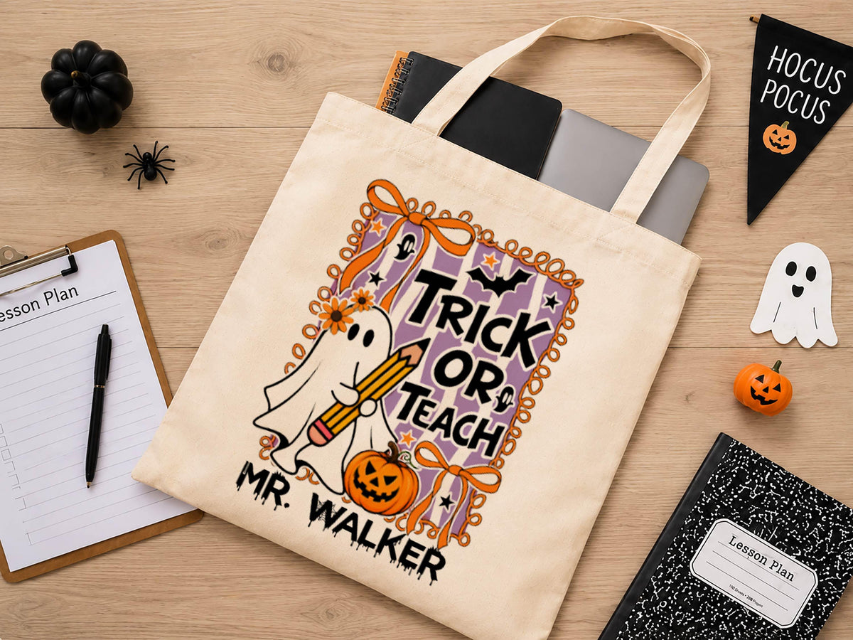 Personalized Teacher Halloween Tote Bag, Custom Teacher Appreciation Halloween Gift, Trick or Teach Teacher Bag, Spooky Season Teacher Gift