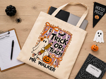 Personalized Teacher Halloween Tote Bag, Custom Teacher Appreciation Halloween Gift, Trick or Teach Teacher Bag, Spooky Season Teacher Gift