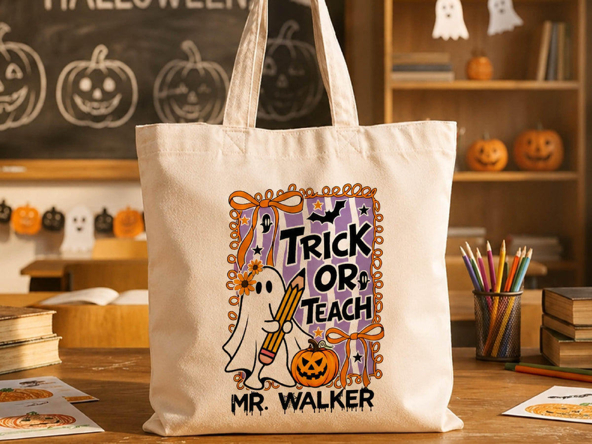 Personalized Teacher Halloween Tote Bag, Custom Teacher Appreciation Halloween Gift, Trick or Teach Teacher Bag, Spooky Season Teacher Gift