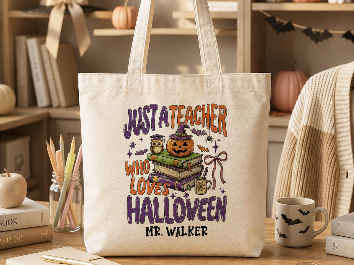 Personalized Teacher Halloween Tote Bag, Custom Teacher Appreciation Halloween Gift, Trick or Teach Teacher Bag, Spooky Season Teacher Gift