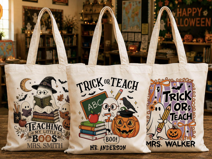 Personalized Teacher Halloween Tote Bag, Custom Teacher Appreciation Halloween Gift, Trick or Teach Teacher Bag, Spooky Season Teacher Gift