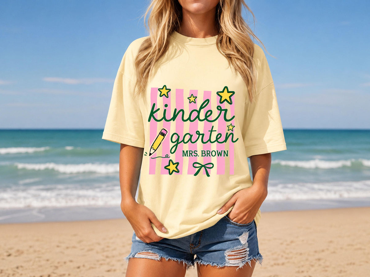 Personalized Kindergarten Teacher Shirt, Custom Teacher Gift, Retro Stripe Kindergarten Team Shirt, Comfort Colors Tshirt, Back to School