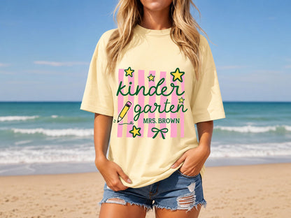 Personalized Kindergarten Teacher Shirt, Custom Teacher Gift, Retro Stripe Kindergarten Team Shirt, Comfort Colors Tshirt, Back to School