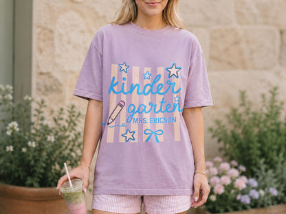 Personalized Kindergarten Teacher Shirt, Custom Teacher Gift, Retro Stripe Kindergarten Team Shirt, Comfort Colors Tshirt, Back to School