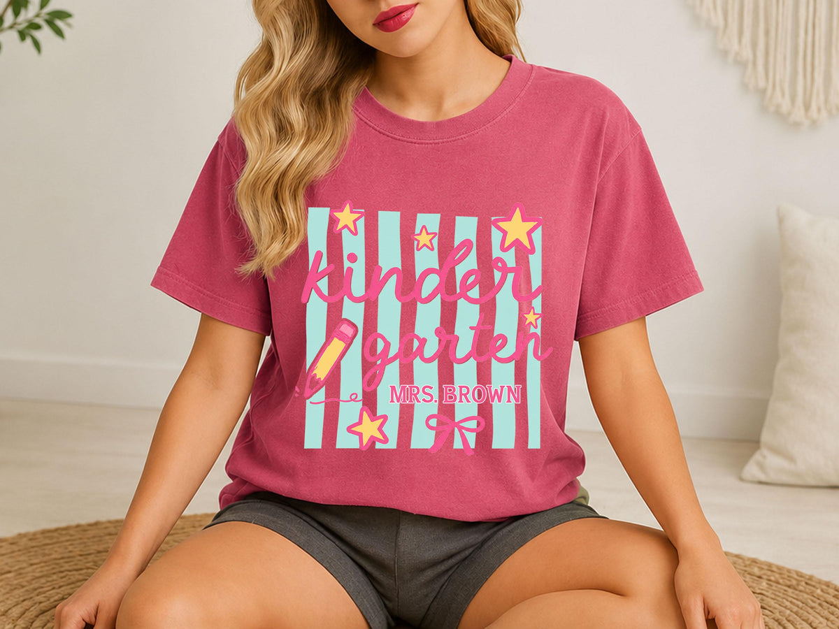 Personalized Kindergarten Teacher Shirt, Custom Teacher Gift, Retro Stripe Kindergarten Team Shirt, Comfort Colors Tshirt, Back to School